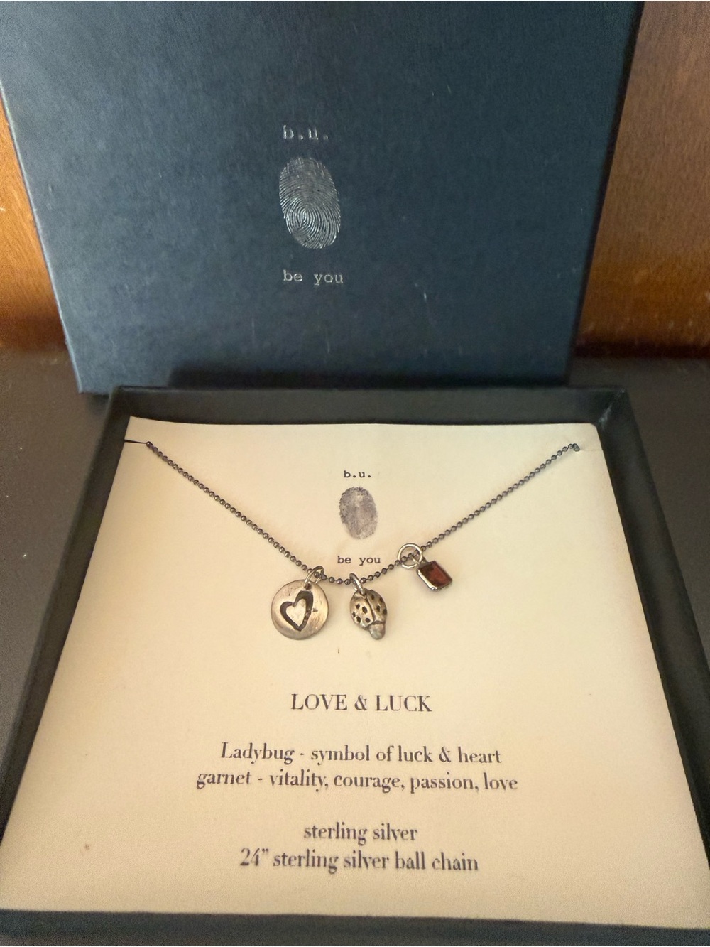 NIB B.U. Jewelry "Love & Luck" Sterling Silver Charm Necklace Ladybug Heart